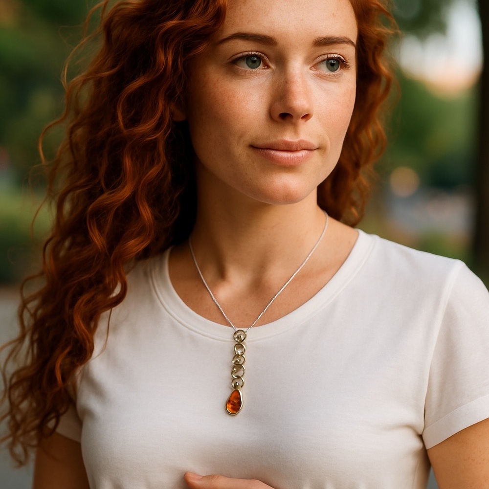 Celtic Trinity Pendant with Baltic Amber and Sterling Silver Box Chain
